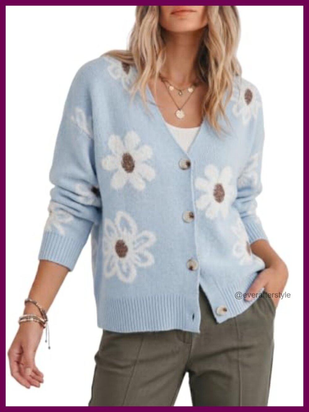 Fuzzy Floral Knit Open Front Cardigan Sweater Long Sleeve Button V-Neck